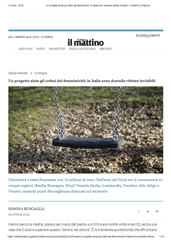 Un progetto aiuta gli orfani dei femminicidi in Italia sono duemila vittime invisibili Il Mattino di Padova 8 aprile1