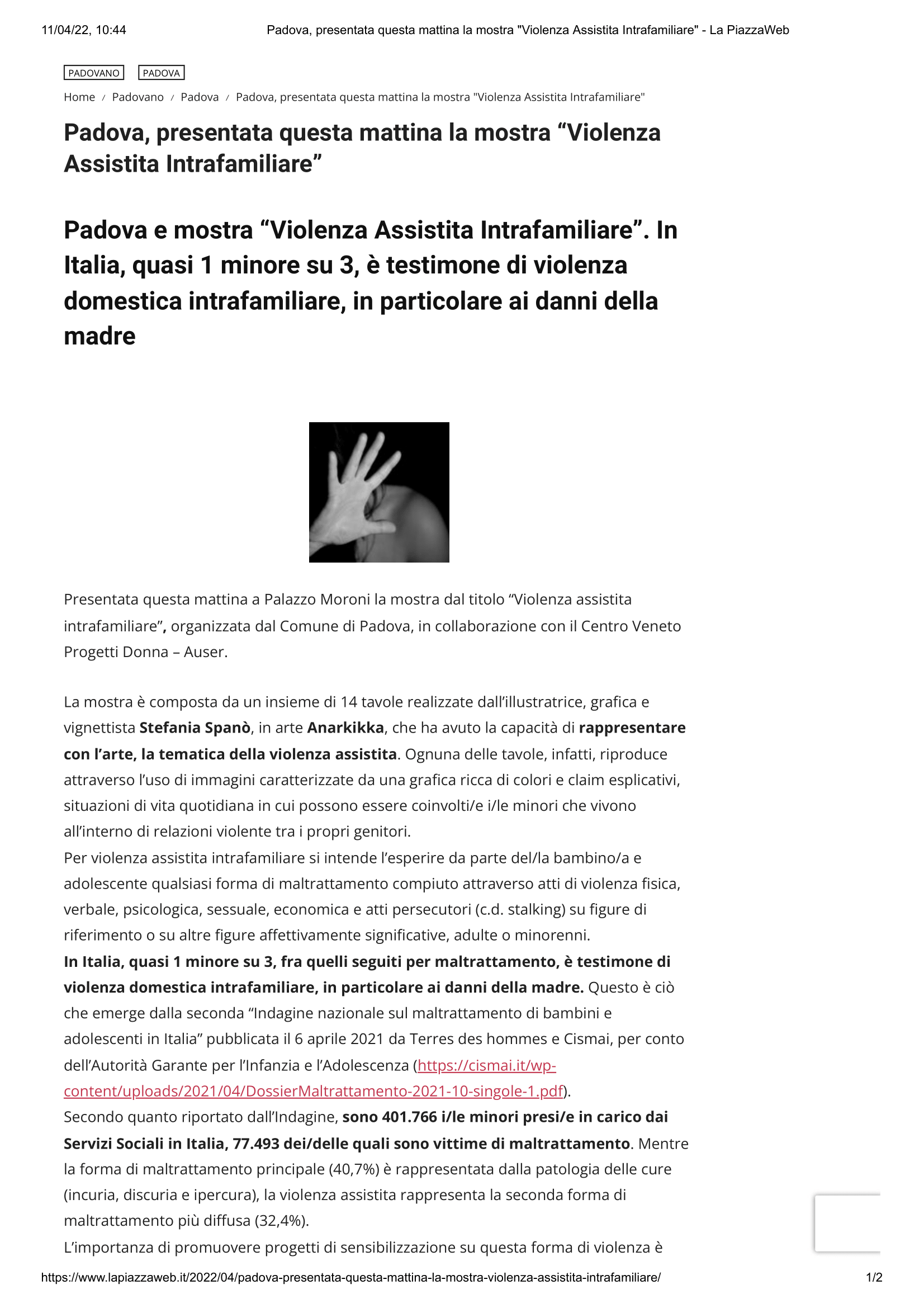 Padova presentata questa mattina la mostra Violenza Assistita Intrafamiliare La PiazzaWeb 8 aprile 1 1