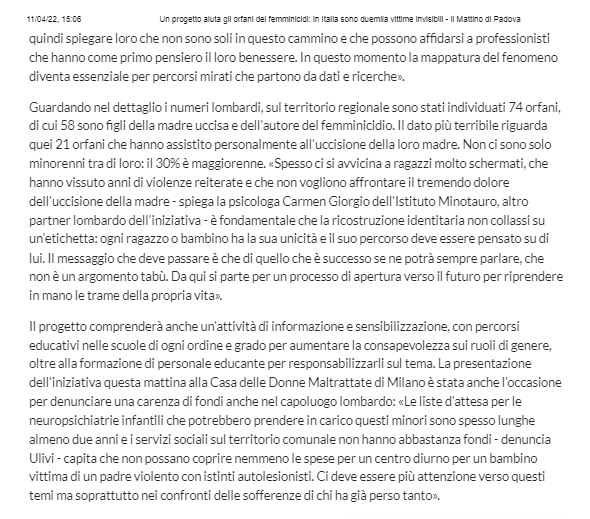 Un progetto aiuta gli orfani dei femminicidi in Italia sono duemila vittime invisibili Il Mattino di Padova 8 aprile3