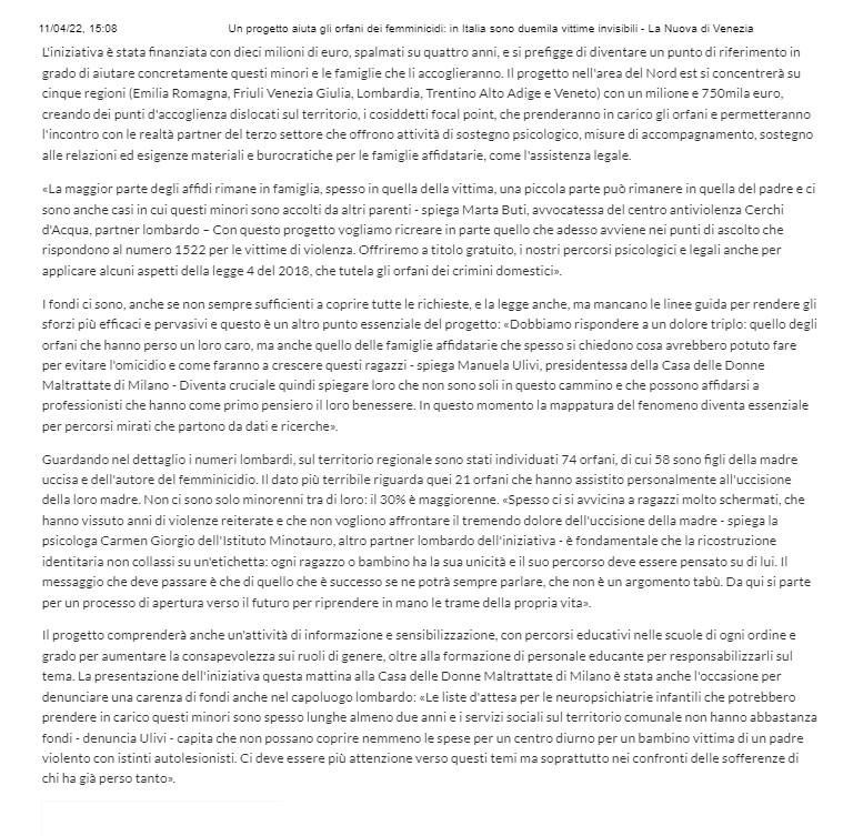 Un progetto aiuta gli orfani dei femminicidi in Italia sono duemila vittime invisibili La Nuova di Venezia 8 aprile2