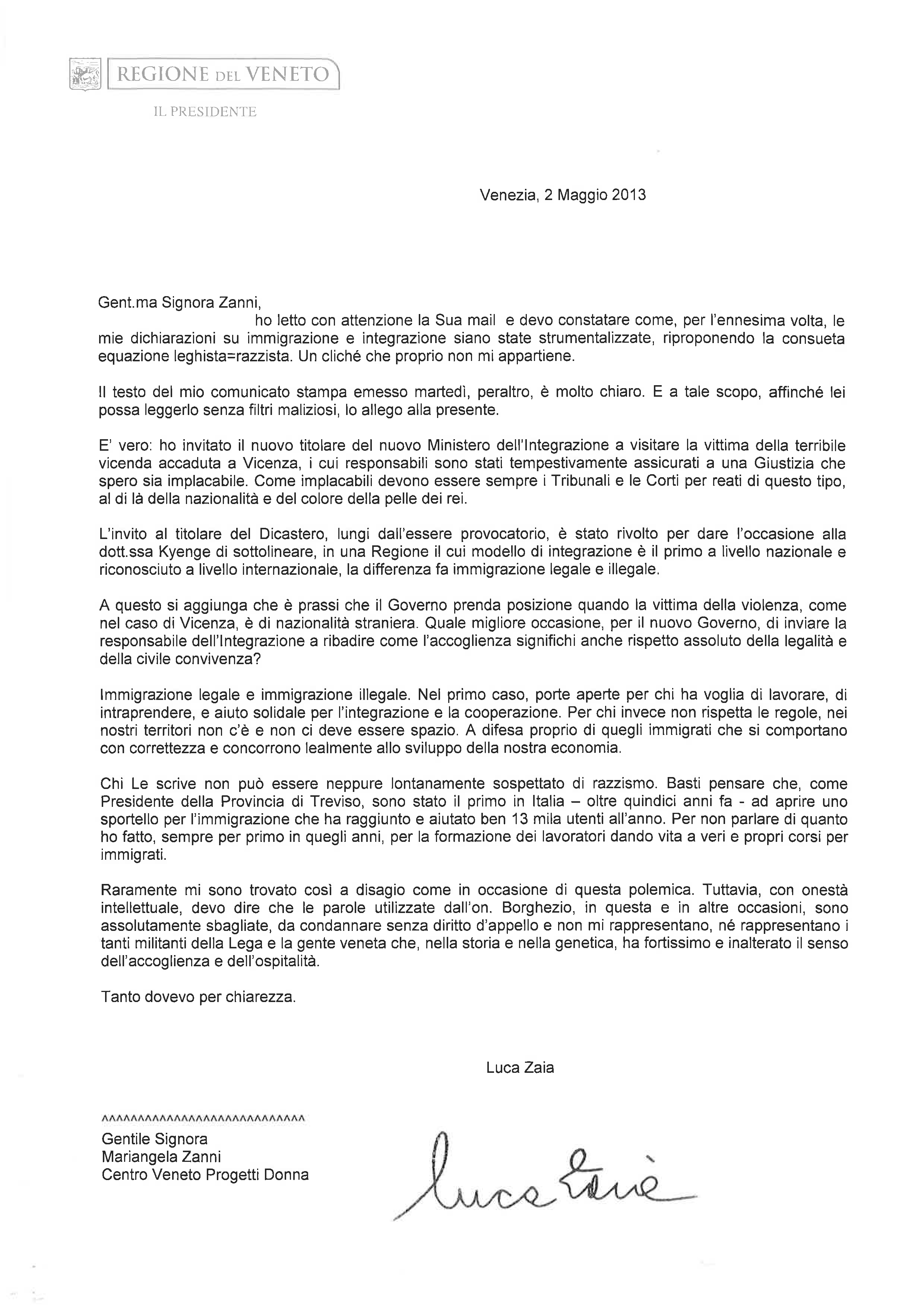 la risposta del Governatore Zaia